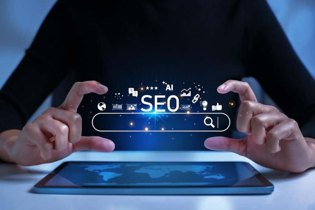 The search bar shows SEO tools icons on your website with AI assistants, user analytics, content creation, and search algorithm improvements.