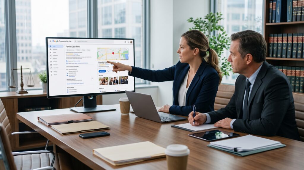 A family law attorney and a digital marketer in an office reviewing a Google Business Profile (GBP) dashboard on a large monitor, analyzing the map listing, review section, and business details.