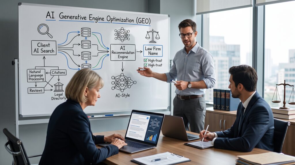 An SEO strategist presenting a Generative Engine Optimization (GEO) map on a whiteboard to lawyers in an office, illustrating how search AI engines recommend law firms through reviews, citations, and directories.