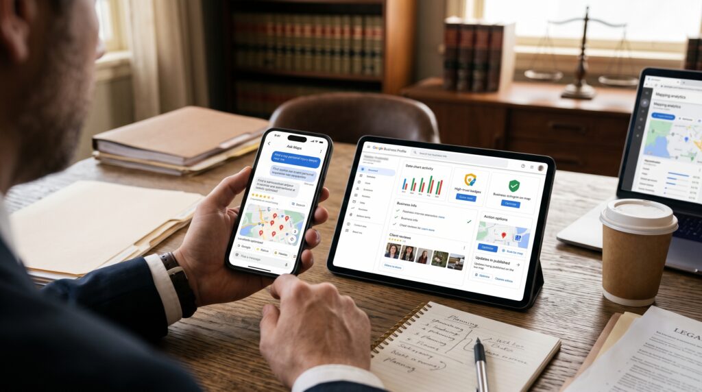 An over-the-shoulder view of a professional at a desk reviewing Google Maps AI search results on a smartphone alongside a Google Business Profile optimization dashboard on a tablet.