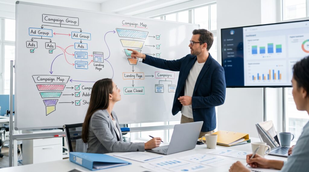 A professional marketing team reviewing a white board with digital ad campaign diagrams, funnels, and analytics dashboards in a modern law firm office
